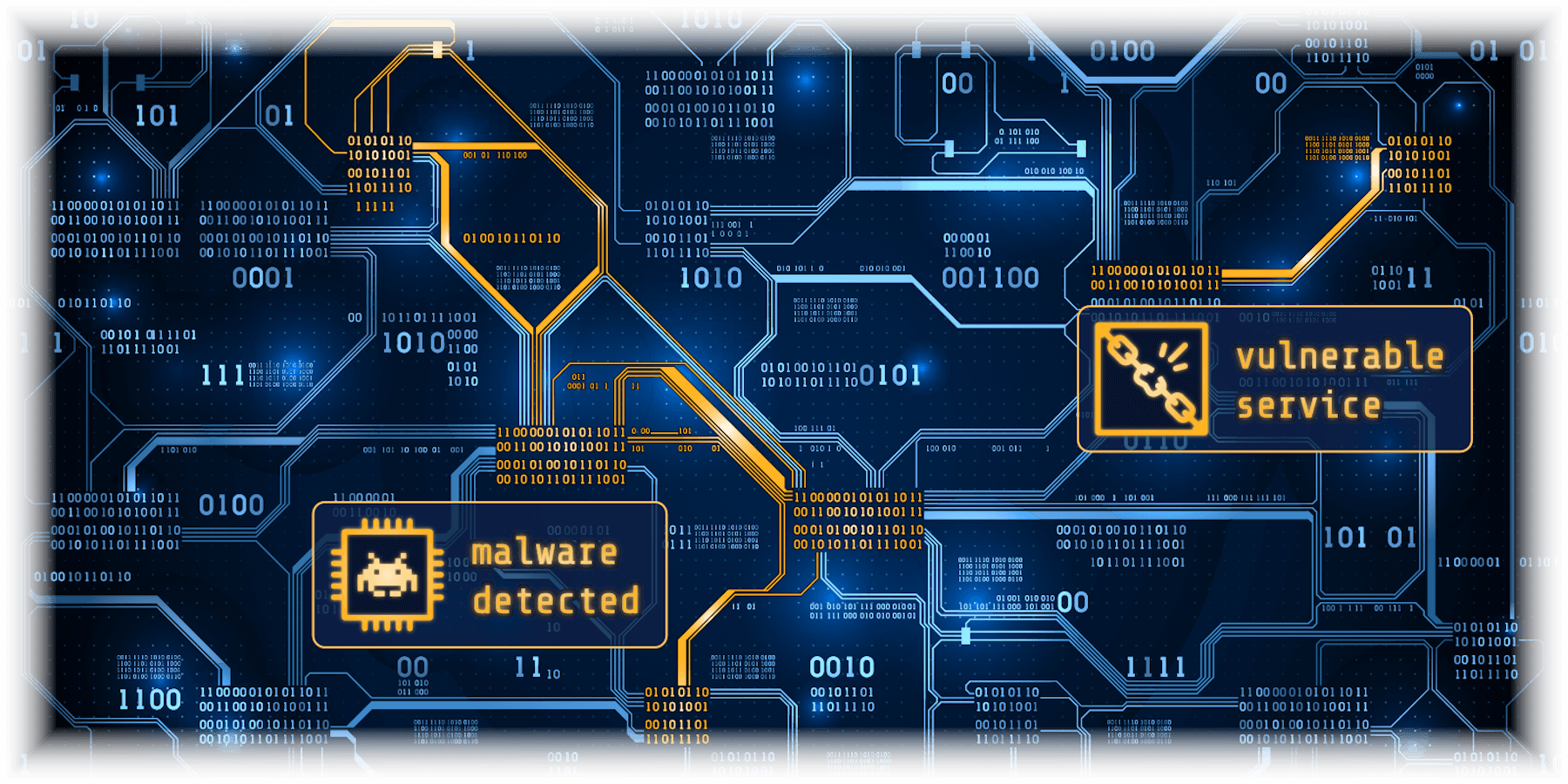 Artistic Rendering of running computer processes with malicious code and a vulnerable service highlighted.