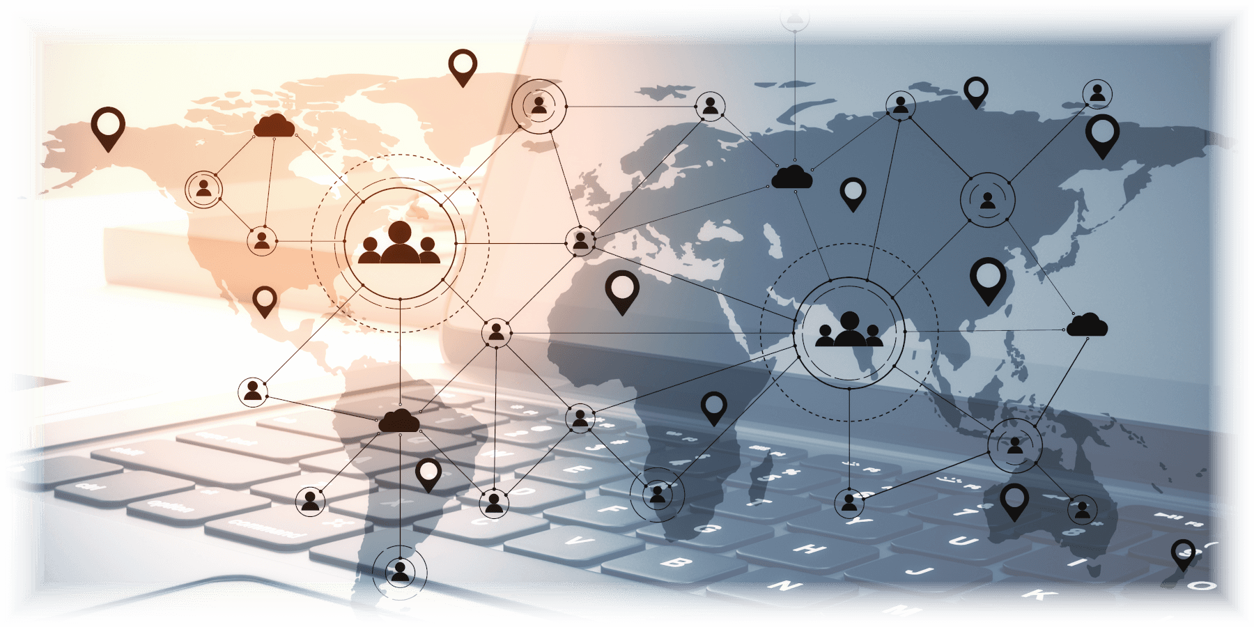 World Map with icons connected by lines to demonstrate remote access networks